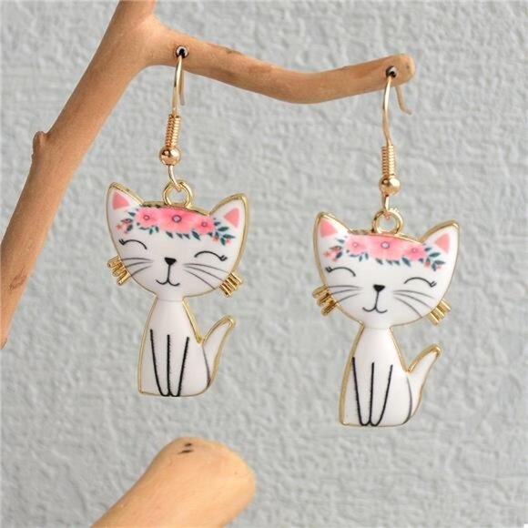 Colorful Cat Dangle Earrings - Picture 1 of 6